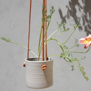 Hanging Planter With Leather Straps Minimalist Pottery Hanging Pot 7 Color Options light blue