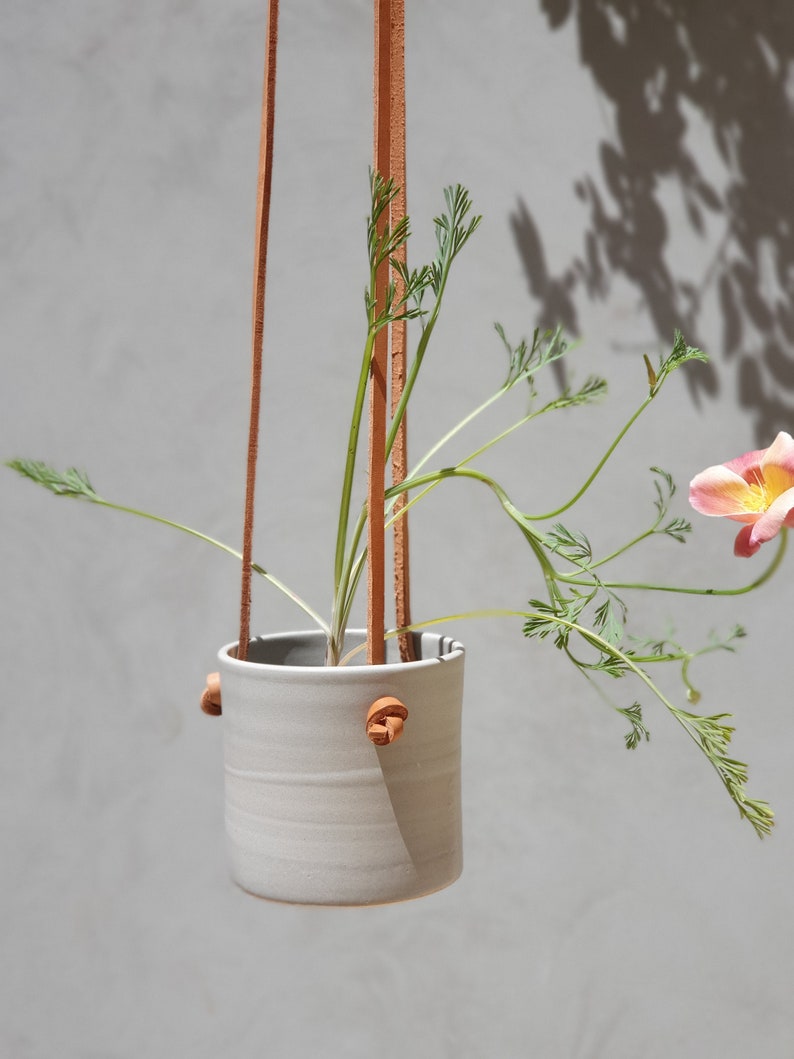 Hanging Planter With Leather Straps Minimalist Pottery Hanging Pot 7 Color Options light blue