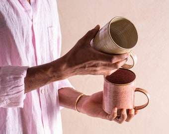 TWO Extra Large Handmade Ceramic Mugs, Modern Pink and Beige 500 ml Mugs Set, 17 Oz Pottery Mugs, Unique Coffee Mugs, Mother's Gift