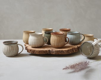 2 Colorful Ceramic Mugs, Two Large Pottery Mugs, 2 Coffee / Tea Stoneware Mug,  Stripes Carved Coffee Cups, Rustic Mug Set, Gift for mom