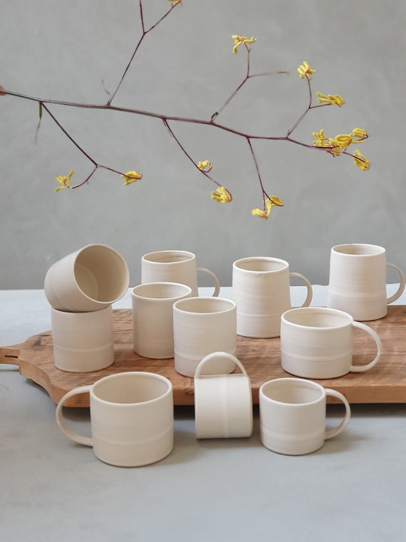 2 Large White Matte Ceramic Mugs With Handles, Two Pottery Mugs, Coffee/tea  Stoneware Mug, Natural Color Coffee Cups, Modern Mug Set 