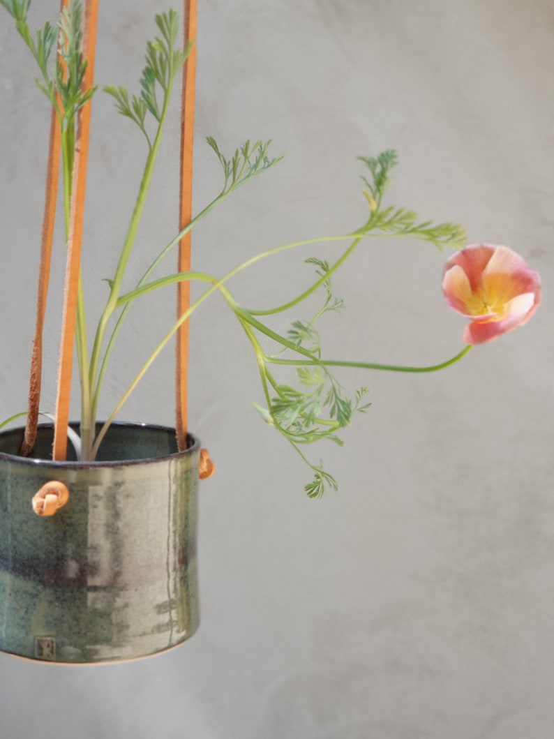 Hanging Planter With Leather Straps Minimalist Pottery Hanging Pot 7 Color Options image 5