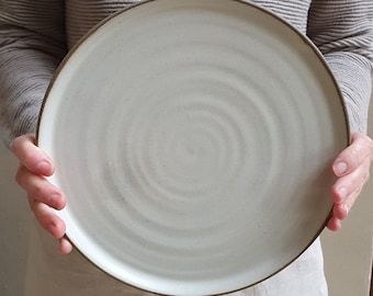 2 White Ceramic plate, Pottery Handmade Plates, Dinner Plates set of 2, Large Elegant Pottery Stoneware plates, Ceramic Plate, Mother's Gift