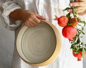 XL White Deep Serving Bowl and Casserole Dish, Multifunctional Serving Bowl, 8.5" Rustic Pottery Dinner Serving Bowl, Handmade Salad Bowl