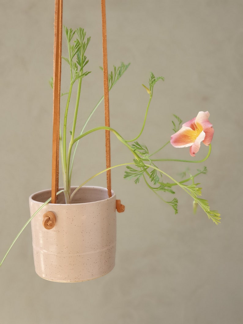 Hanging Planter With Leather Straps Minimalist Pottery Hanging Pot 7 Color Options Pink