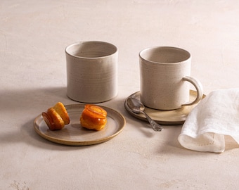 2 White Ceramic Mugs With Handles, Two Pottery Mugs, Coffee/Tea Stoneware Mug, Natural Color Coffee Cups, Modern Mug Set, Gift for Mom