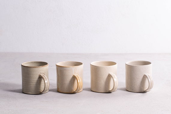 Set of 4 Cream Ceramic Mugs, Small Ceramic Coffee Cups With Handle, Modern  Teacups. 10oz Handmade Mugs 