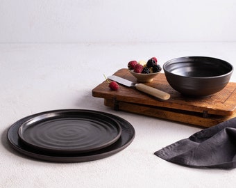 Black Dinnerware Set, Main Course Plates, Dinner Plates, Dessert Bowls, Handmade Plates, Ceramic Dinner Set, Pottery Christmas Gift