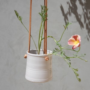 Hanging Planter With Leather Straps Minimalist Pottery Hanging Pot 7 Color Options Glossy white