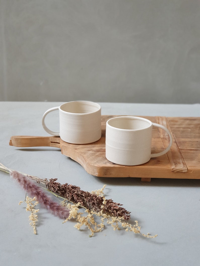 2 White Matte Ceramic Mugs With Handles, Two Pottery Mugs, Coffee/Tea Stoneware Mug, Natural Color Coffee Cups, Modern Mug Set, Gift for Mom image 1