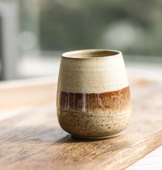 Set of 2 Ceramic Coffee Cups, Light Yellow Mustard and Brownish-beige Pottery Mugs Without Handles, Rustic Cups Set, Gift for Mom