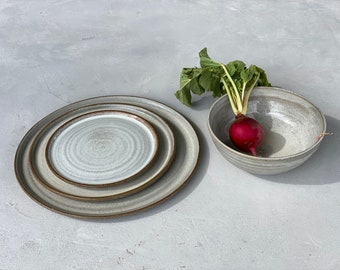 FOUR Piece Set of Gray Dinnerware, Main Course Plate, Salad Plate, Cake Plate, Soup Bowl | Handmade Ceramic Dinner Plates, Wedding Gift