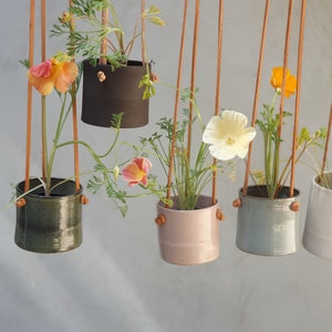 Hanging Planter With Leather Straps Minimalist Pottery Hanging Pot 7 Color Options image 1