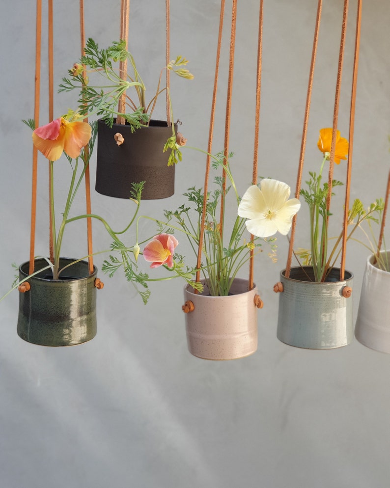 Hanging Planter With Leather Straps Minimalist Pottery Hanging Pot 7 Color Options image 1