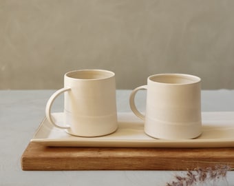 2 Large White Matte Ceramic Mugs With Handles, Two Pottery Mugs, Coffee/Tea Stoneware Mug, Natural Color Coffee Cups, Modern Mug Set