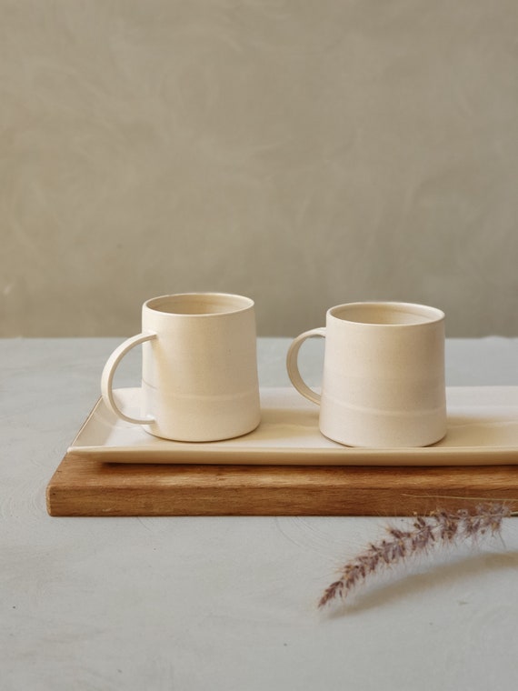 2 Large White Matte Ceramic Mugs With Handles, Two Pottery Mugs