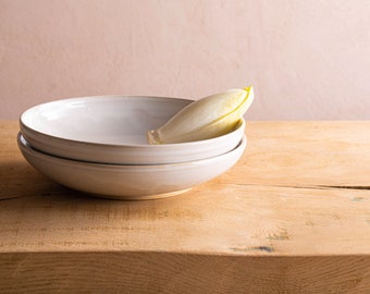 XL Shallow Ceramic Serving Bowl - Glossy Pearl White Handmade Salad Serving Bowl, Elegant 9.5 inch Pottery White Serving Dish, Wedding Gift