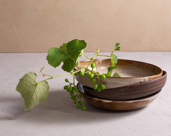 Large Ceramic Brown Bowl, Dinner Shallow Round Bowls, Noodle Bowl, Stoneware Soup Bowl, Pottery Dinnerware Bowls, Display Bowls