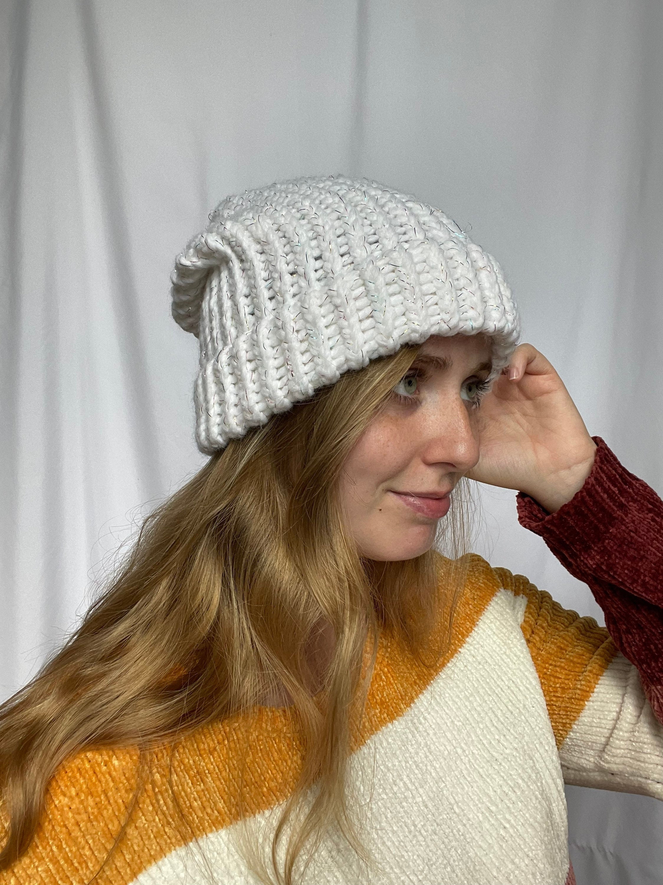 Handmade Chunky Knit Beanie | Sparkly White Acrylic Wool  display picture 2
