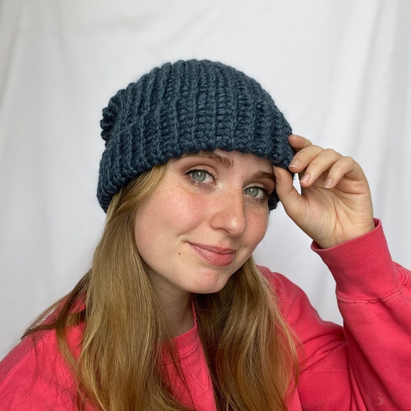 Chunky Knit Beanie in Denim | Dark Blue Wool Winter Hat | Unisex Handmade Snow Cap | Gift for Boyfriend or Girlfriend
