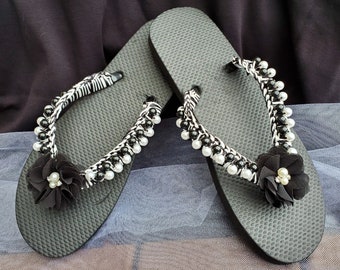 Black and White Pearl Flip Flop, Satin Cord Sandal, Black Flower
