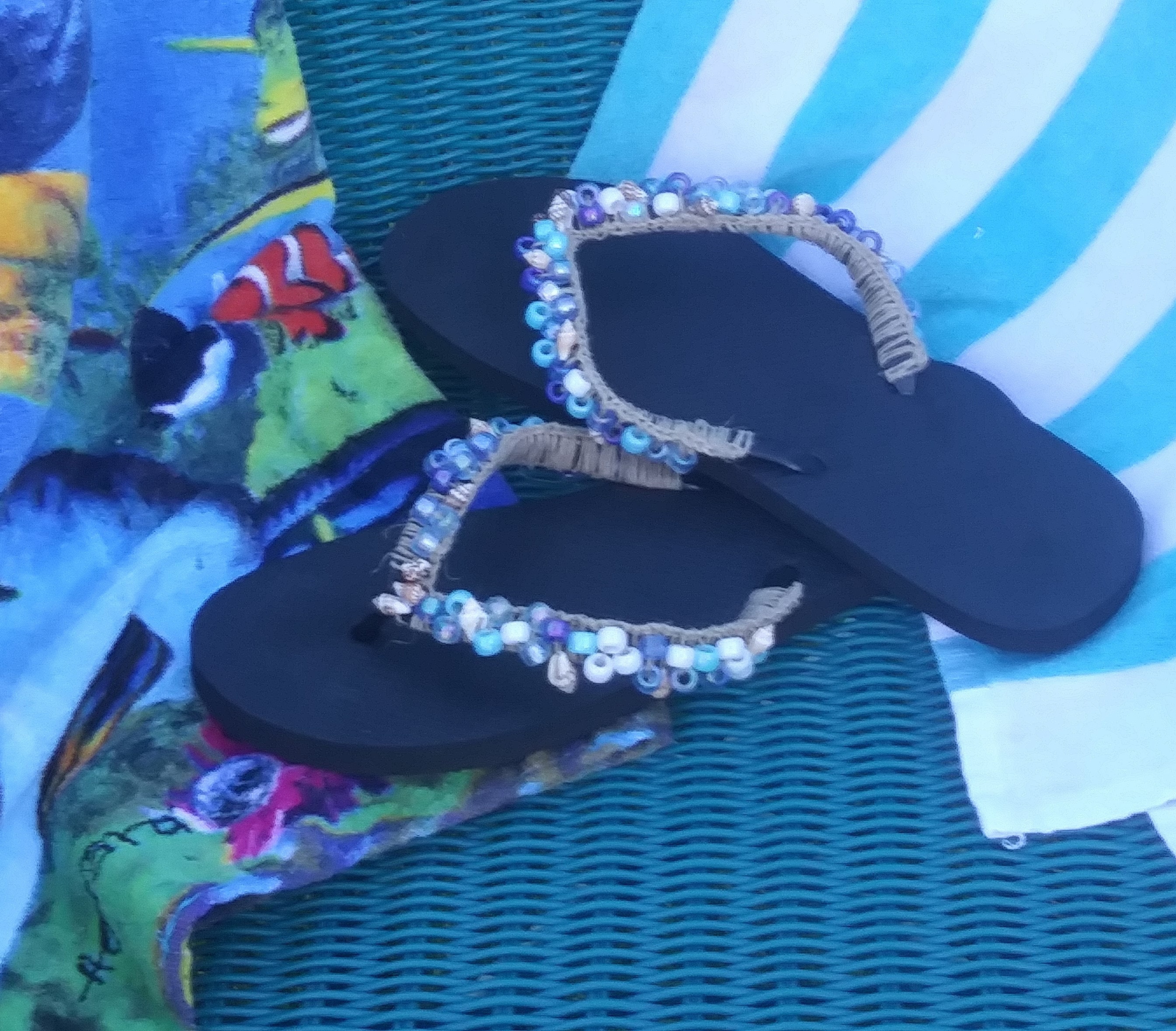 Beach Sea Blue Flip Flops With Seashells Beaded and Crocheted - Etsy