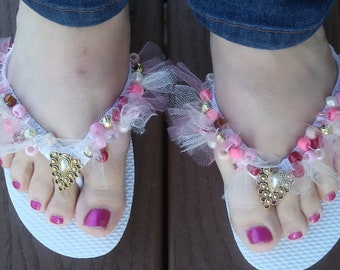 Romantic Victorian Pink, Gold and Pearlescent White Flip Flop Sandals with Tulle accent