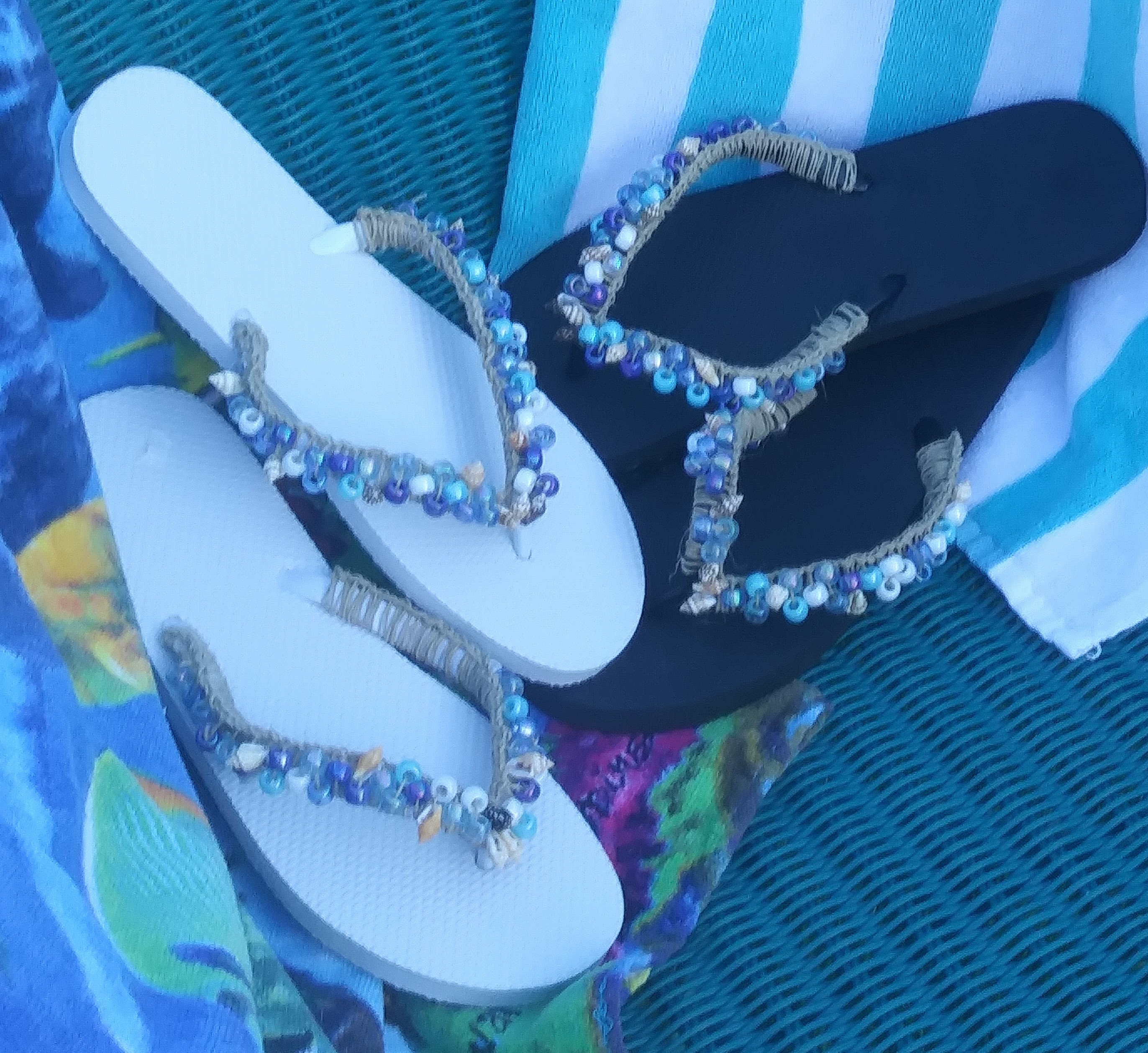 Beach Sea Blue Flip Flops With Seashells Beaded and Crocheted - Etsy
