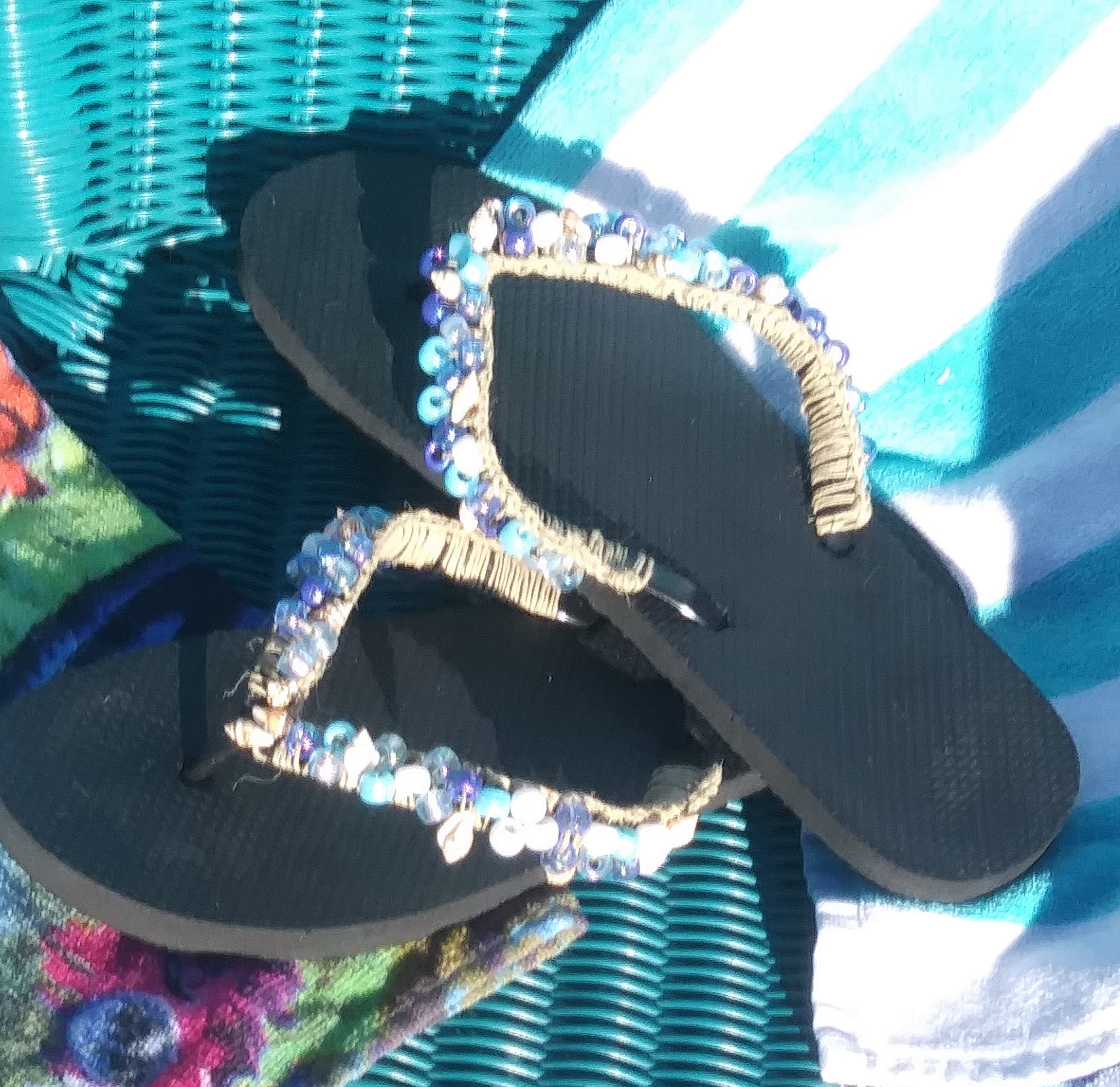 Beach Sea Blue Flip Flops With Seashells Beaded and Crocheted - Etsy