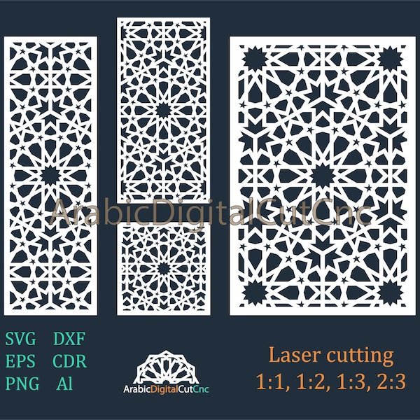 Morocco geometric laser cutting templates, digital pattern set. Cnc files,decorative panels,roomdividers DXF,CDR,SVG,Eps,Png, Al(21 files).