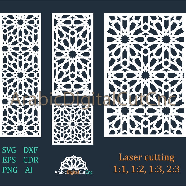 Écran décoratif marocain, panneaux. Modèles de découpe laser géométriques, ensemble de motifs numériques. Fichiers Cnc,DXF,CDR,SVG,Eps,Png, Al (21 fichiers)