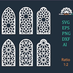 Islamic, arabic arch window, door geometric laser cutting cnc templates.Stencil,engraving digital set.DXF,CDR,SVG,Eps,Png, Al files