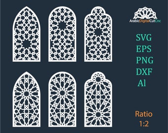 Islamic, arabic arch window, door geometric laser cutting cnc templates.Stencil,engraving digital set.DXF,CDR,SVG,Eps,Png, Al files