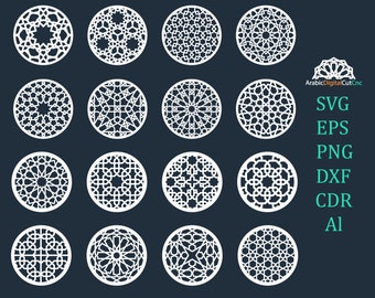 Round, circle decorative cup stand cnc. Islamic geometric laser cutting templates, digital pattern set.DXF,CDR,SVG,Eps,Png, Al (16 items)