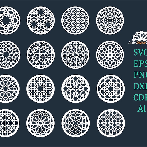 Round, circle decorative cup stand cnc. Islamic geometric laser cutting templates, digital pattern set.DXF,CDR,SVG,Eps,Png, Al (16 items)