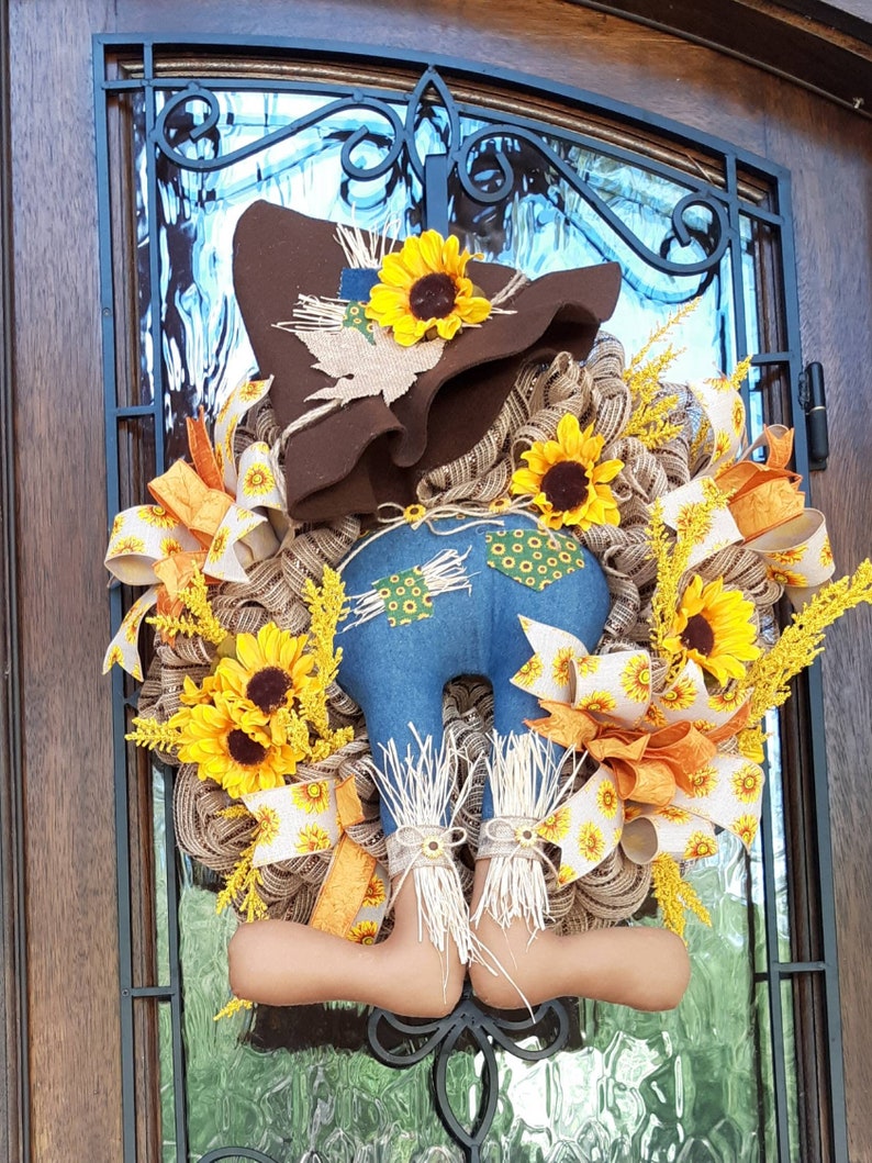 Sunflower Scarecrow Wreath for Thanksgiving Fall and Summer.