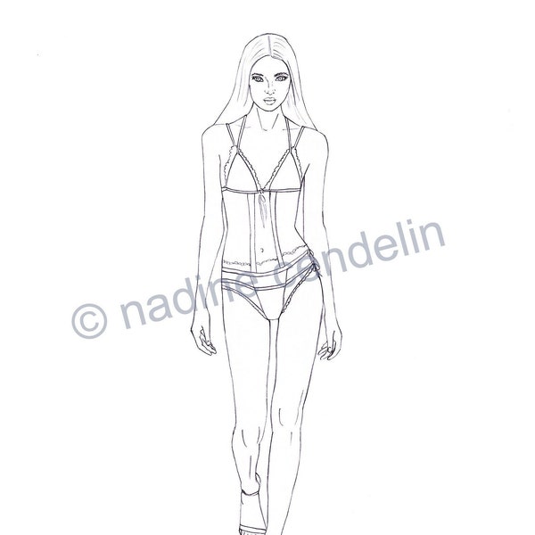 Malvorlage Figurine ausmalen Fashionillustration Modedesign  Zeichnung Vorlage Illustration Frau 2