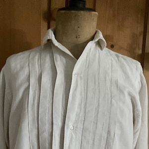 1900's Antique French Gents Shirt, White Home Woven Linen Hand Stitched Front Pleated Placket Cuffs , Glass Buttons. Monogram A.N.
