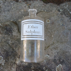 c1900 french apothecary glass storage jar. absolutely stunning etched front with typographic ligature  label