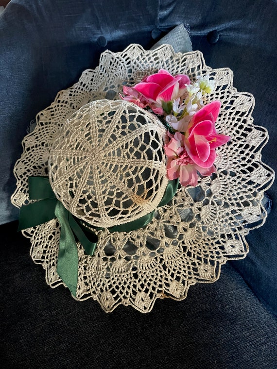 Antique Hand Made French Crochet Lace Boater Summ… - image 1