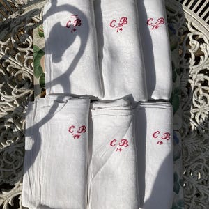 vintage french napkins serviettes, white  damask linen,large square, embroidered monogram c.b 14. 33&quot;x 30&quot; set 7, 1930&#39;s