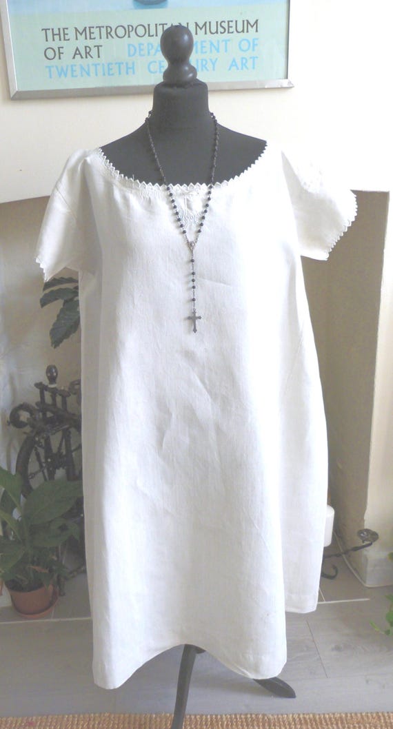 Antique Linen Night Chemise Dress: Broderie Anglaise, Monogrammed (48" Bust, Circa 1900s)