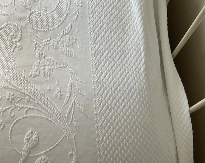 Antique French Bedspread Large Double White Cotton With Lace Hem