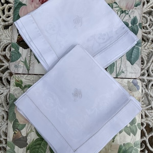 12 white damask linen monogrammed b.m. napkins  vintage french 15” x 15”