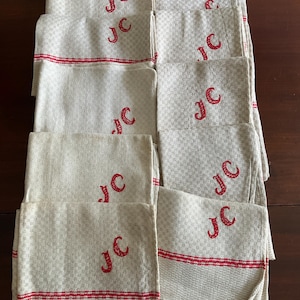 Servilletas de lino francesas vintage (juego de 10): monograma bordado JC, década de 1930