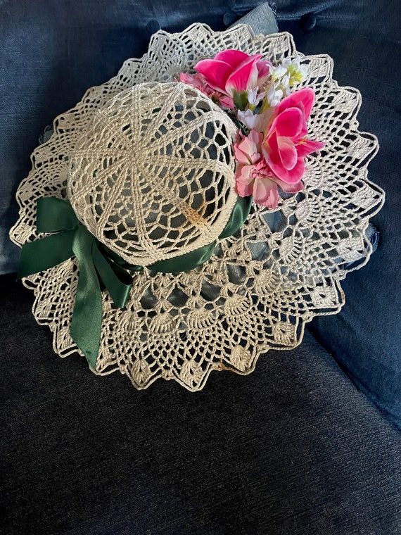 Antique Hand Made French Crochet Lace Boater Summ… - image 5