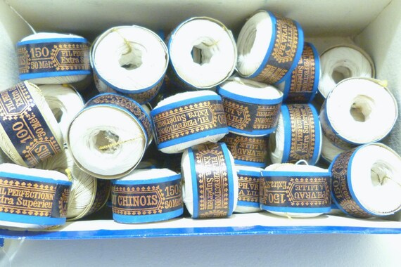 Vintage French Waxed Linen Thread Bobbin: Black & White Fil Au Chinois