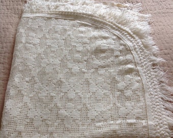 Vintage French Bedspread Woven Lace & with tasseled edging. Large Double 2.40 x 3.80 circa 1960's   Ivory Cream