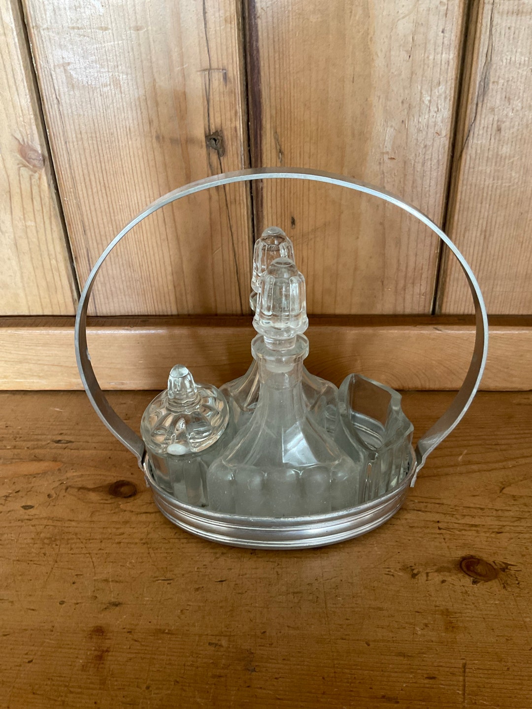 Retro Cruet Set, Vintage Caddy Set, French, Crystal Glass, Mustard Pot