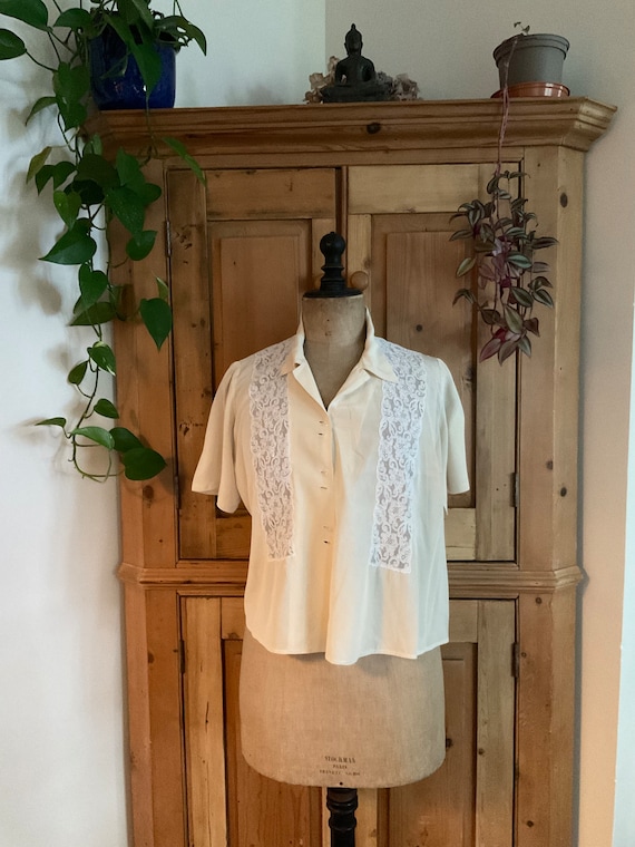 Vintage French Pure Silk C1930's Cream Blouse Lac… - image 1